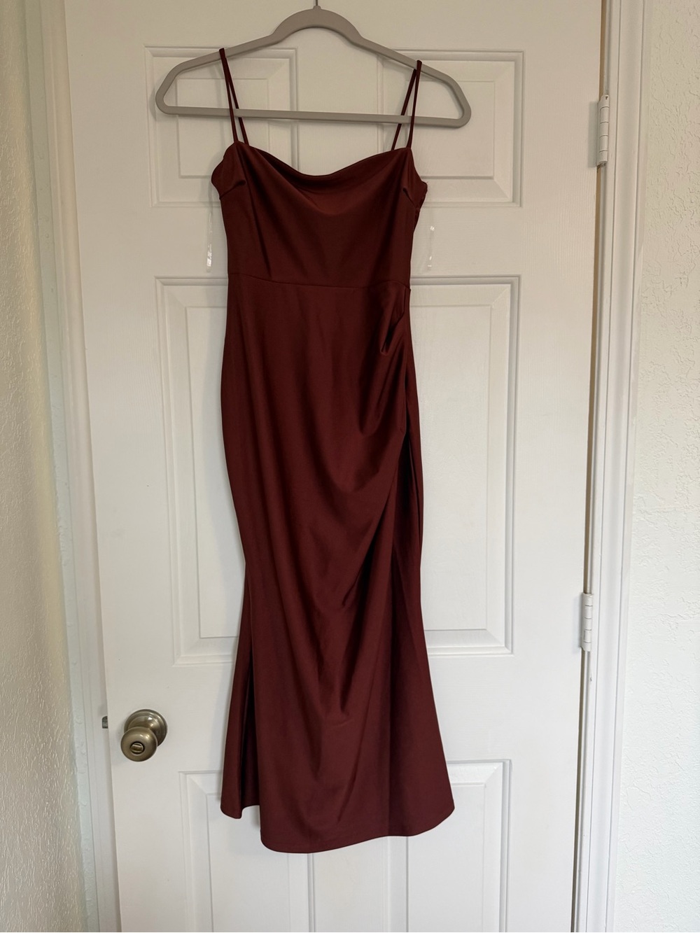 Windsor Spaghetti Strap Cowl Midi Dress in Deep Wine